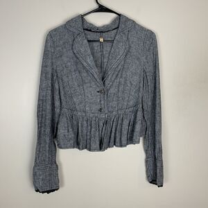 Free People Ruffle Peplum Blazer Jacket Gray XS Buttons Linen Cotton Cropped